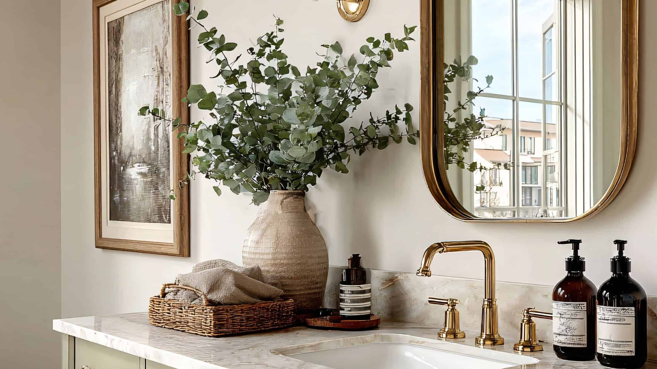 Elegant bathroom with marble countertop, large mirror, and greenery for a stylish look.