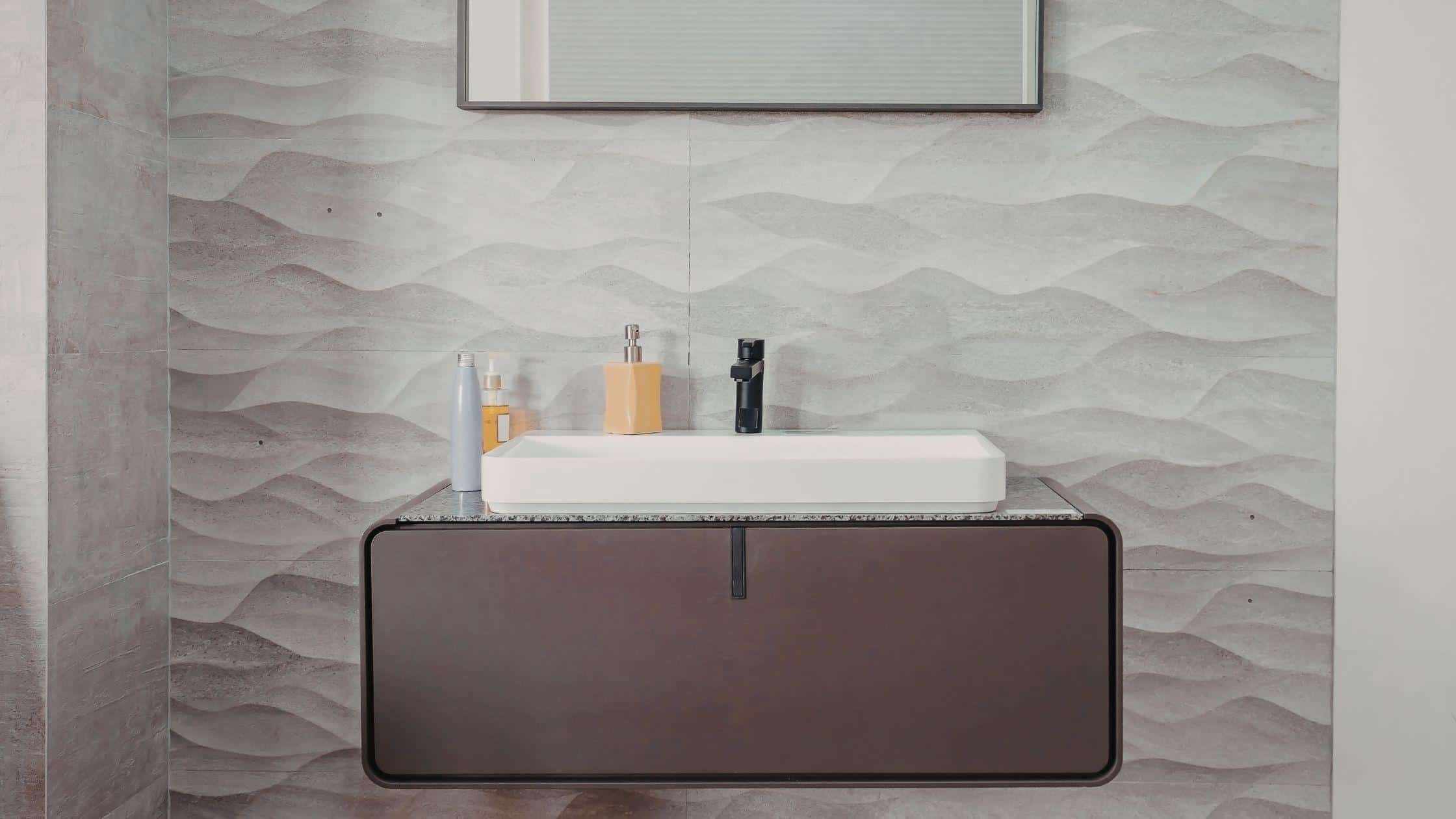 Modern Bathroom Vanity Contemporary bathroom vanity with sleek design and textured wall background.