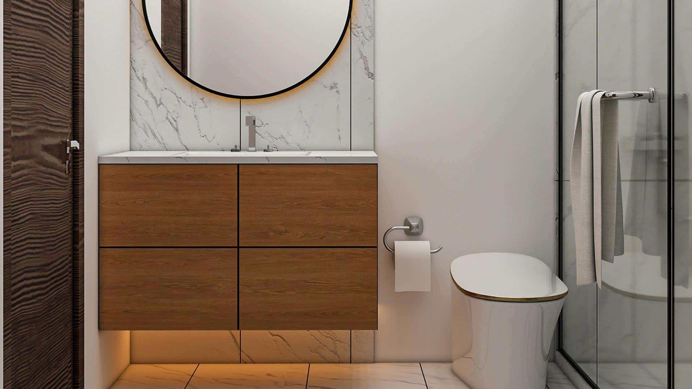 Contemporary bathroom with wooden vanity, marble accents, and glass shower enclosure.