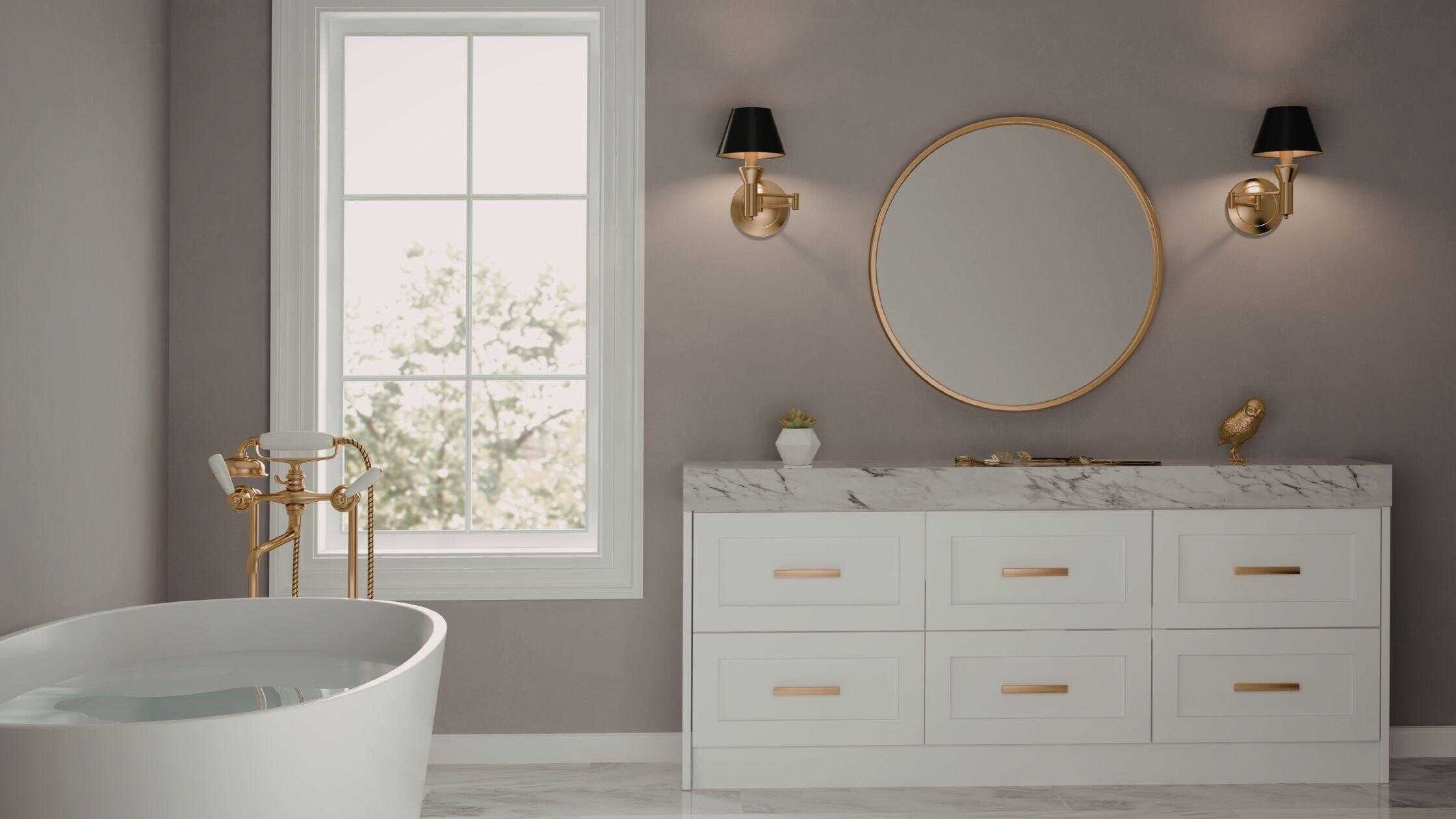Elegant bathroom with a white vanity, marble countertop, and stylish lighting fixtures.