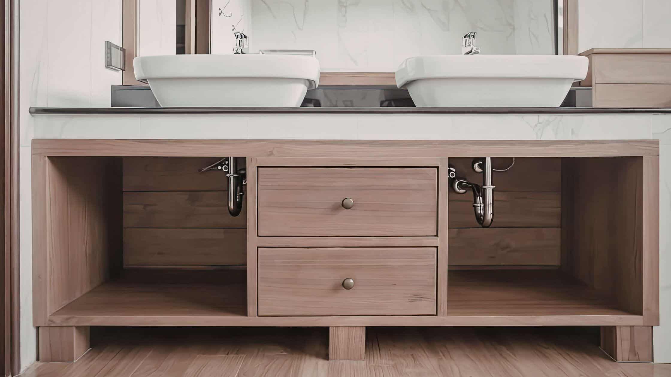 Custom wooden bathroom vanity with dual sinks and open storage space.