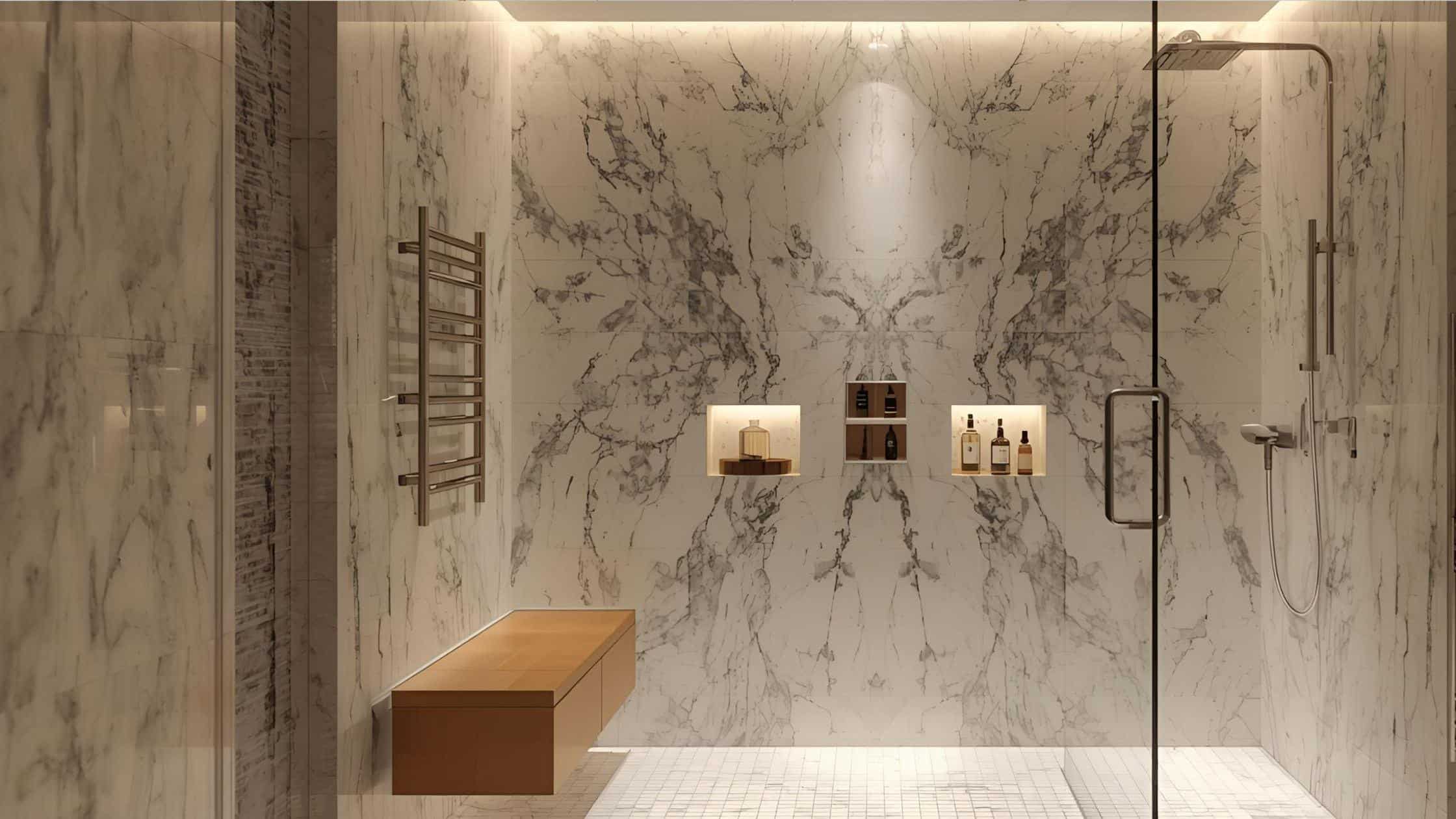 Luxury bathroom with marble walls and gold fixtures.
