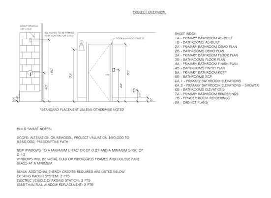Blueprint of a bathroom renovation project with safety and build notes.