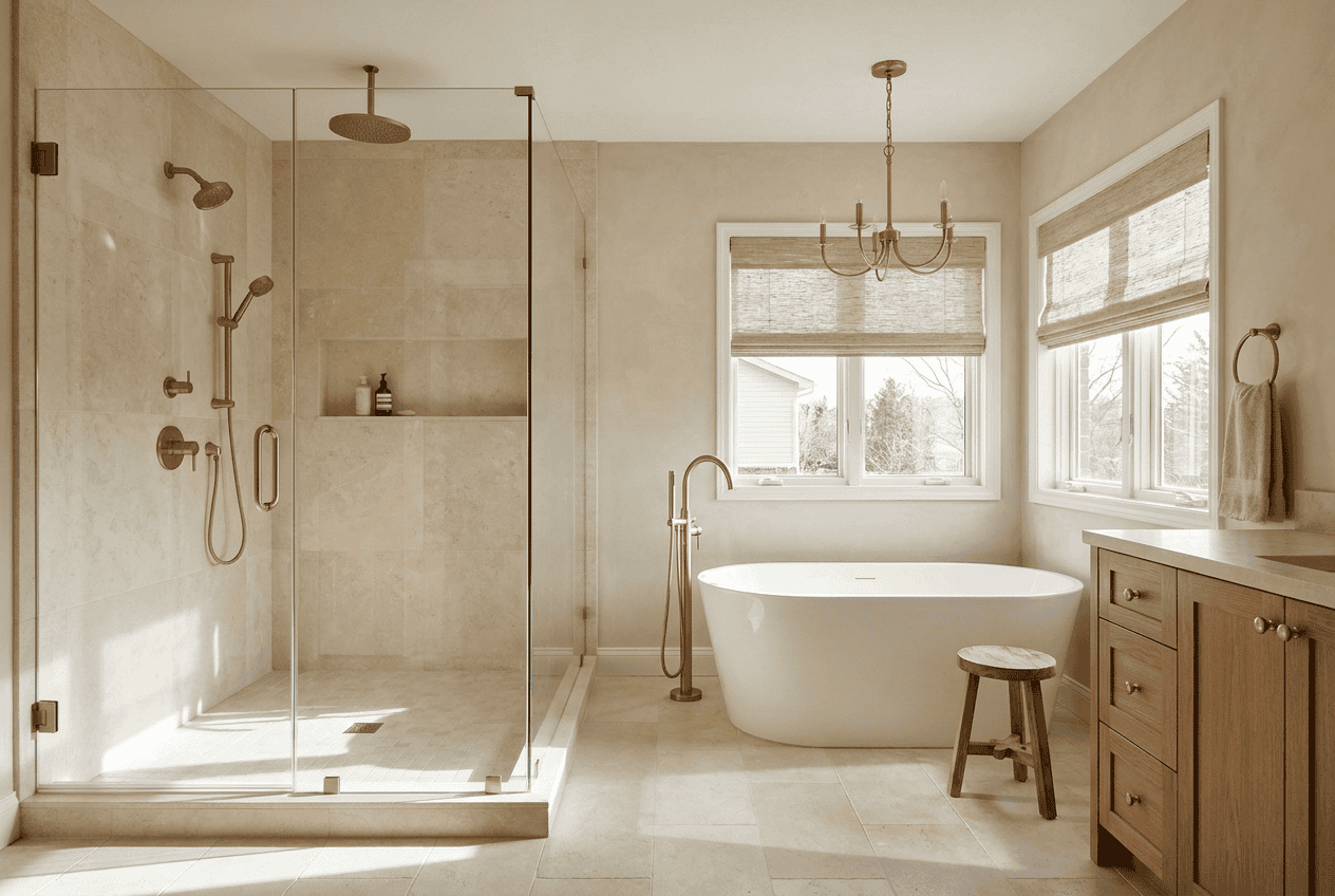 Luxury bathroom with marble walls and gold fixtures.