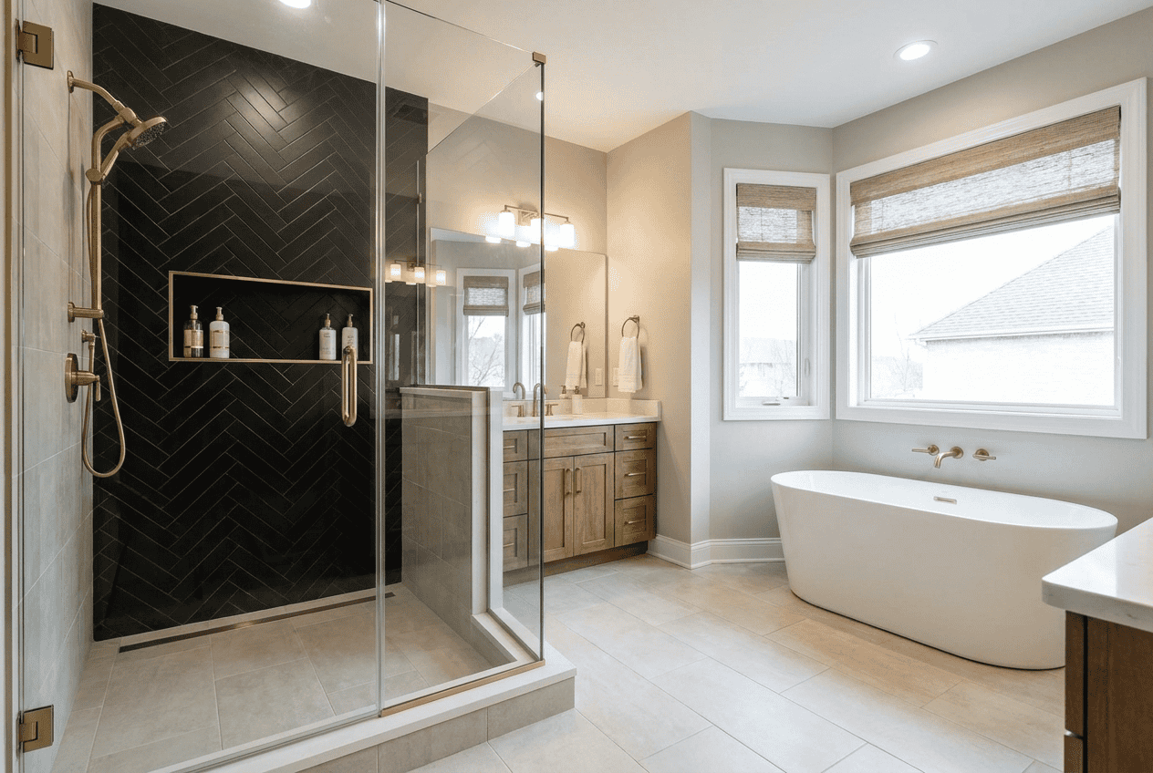 Elegant bathroom with a freestanding bathtub and large window overlooking a scenic view.